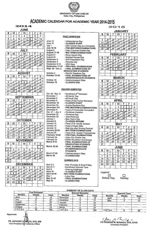 Academic Calendar For Ay 2014 â 2015